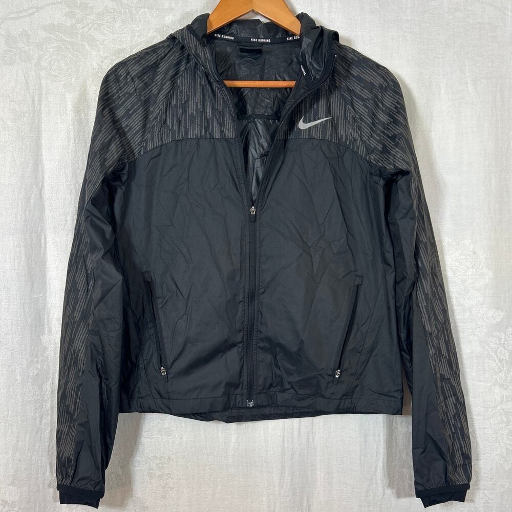 Nike Shield Flash Running Jacket Small Black Hooded Full Zip Windbreaker Pockets